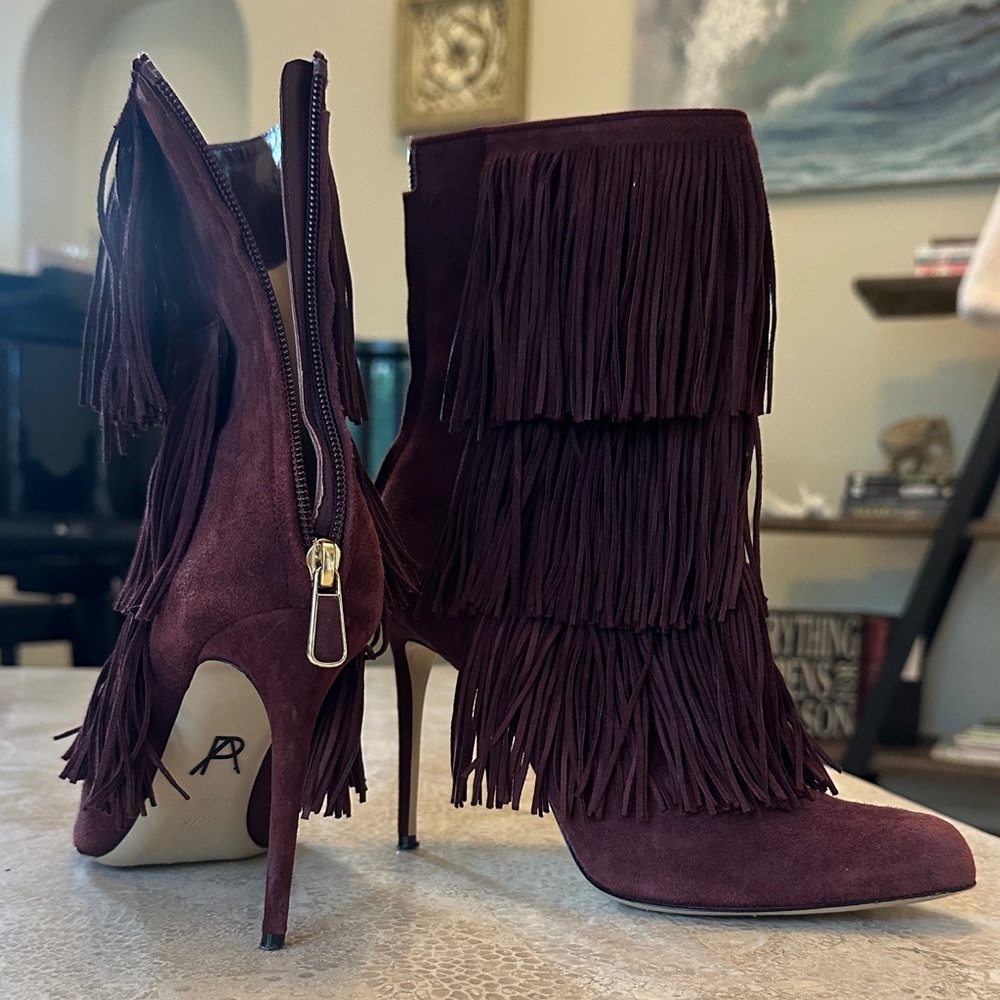 Paul Andrew Burgundy Fringe Heeled Boots